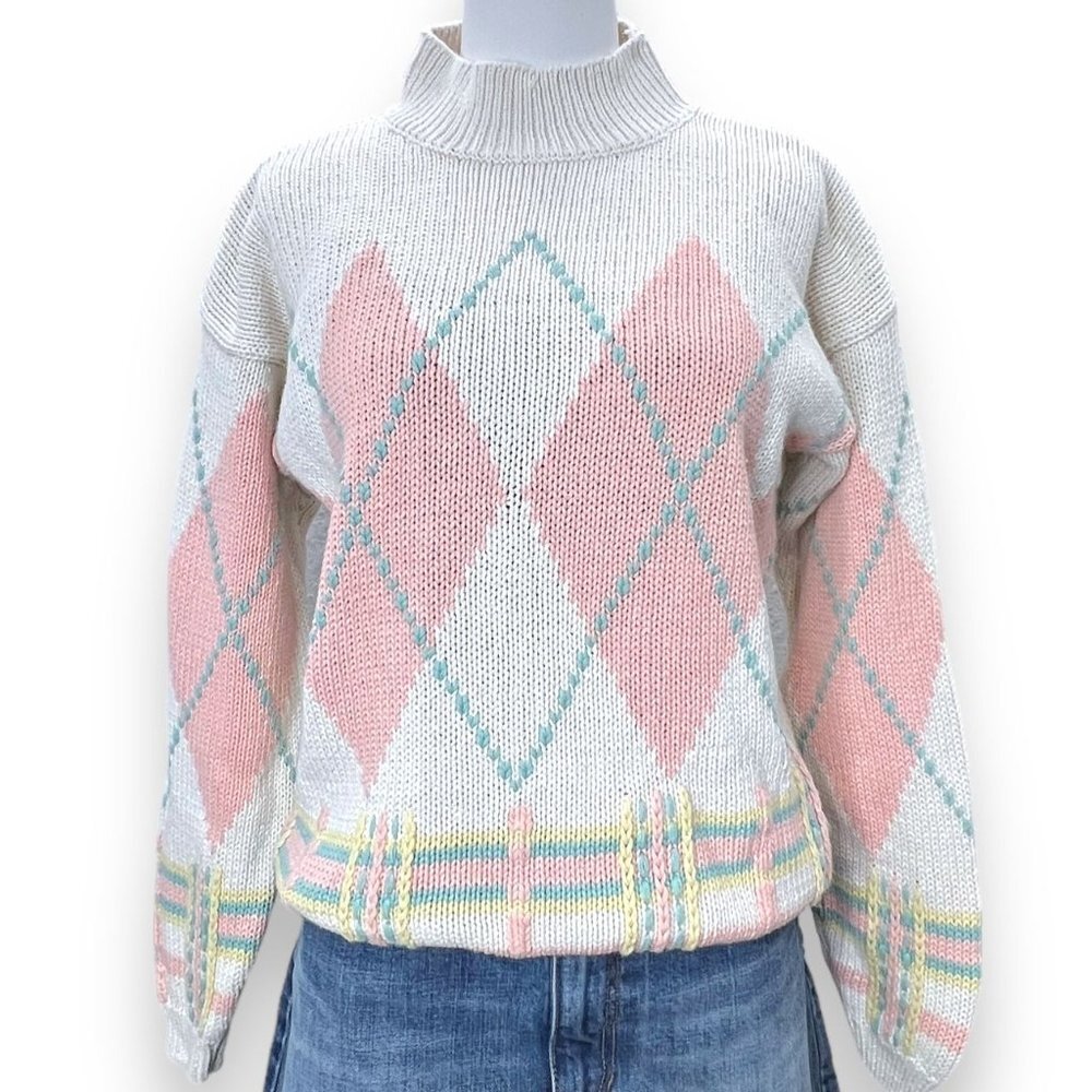Vintage Accordeon Sweater Argyle Diamond Grandma Knit Womens Medium